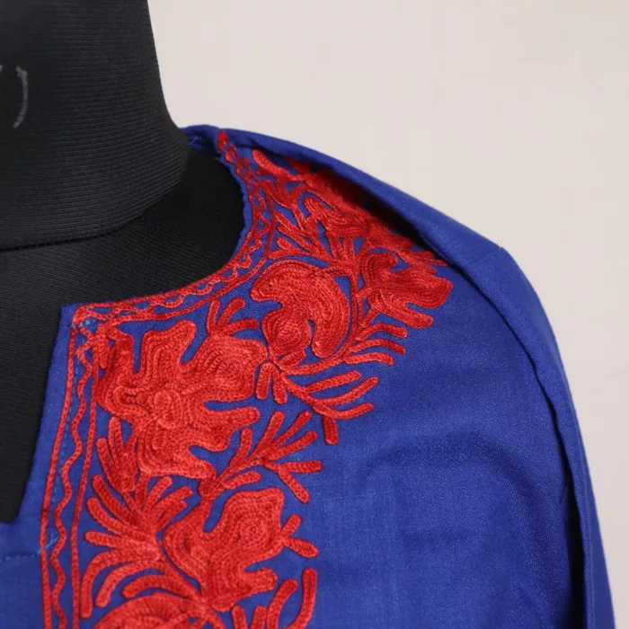 Dark Blue Short Ruby Cotton Kurta with Aari Embroidery - Image 3