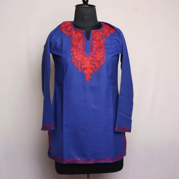 Dark Blue Short Ruby Cotton Kurta with Aari Embroidery