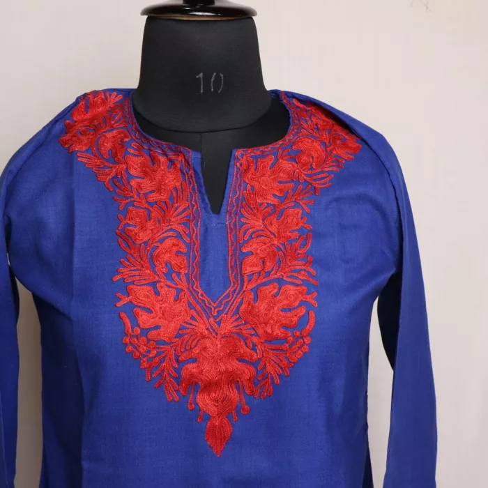 Dark Blue Short Ruby Cotton Kurta with Aari Embroidery - Image 2