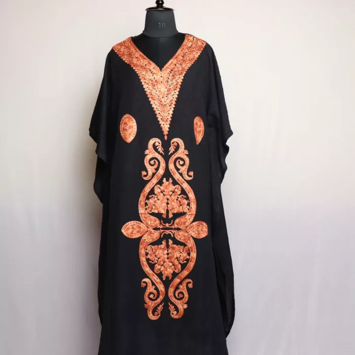 Black Aari Embroidered Kashmiri Kaftan – Crush Cotton (L50)