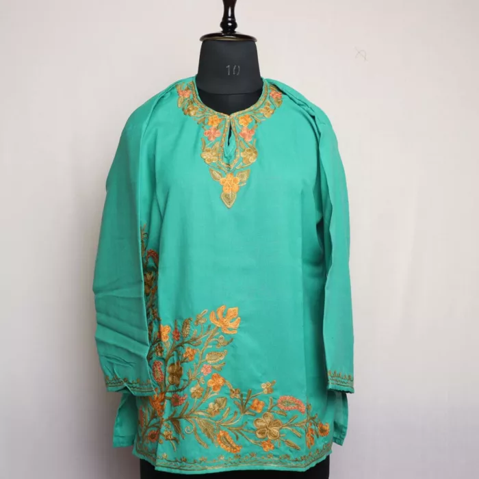 Green Short Summer cool Cotton Kurta with Aari Embroidery