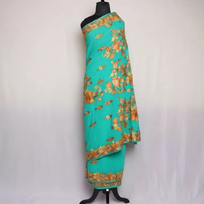 Green Kashmiri Saree | Georgette Indian Saree With Aari Kadai