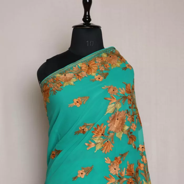 Green Kashmiri Saree | Georgette Indian Saree With Aari Kadai - Image 2