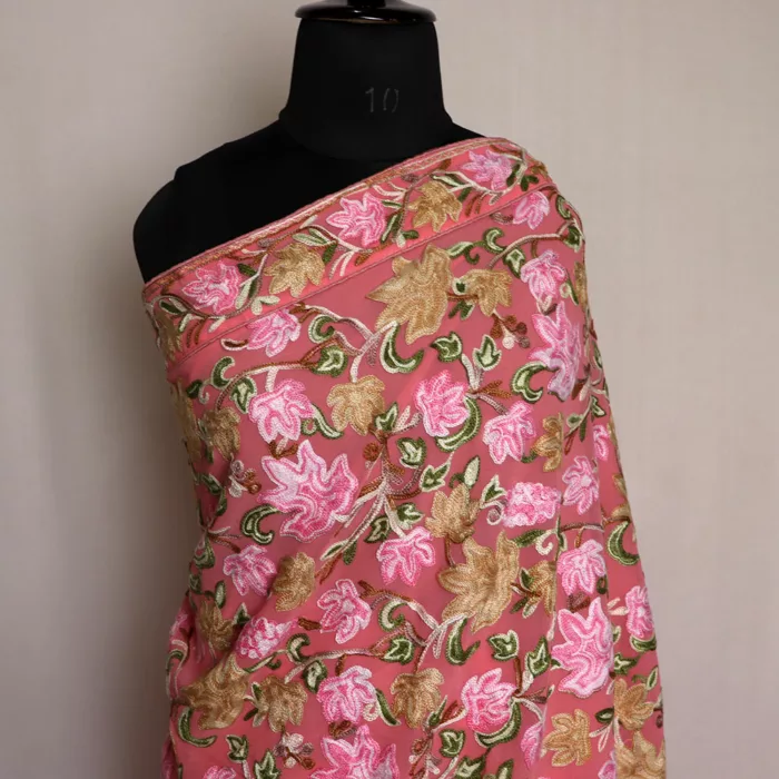 Pink Posh Chinari Georgette Kashmiri Saree With Aari Embroidery - Image 2