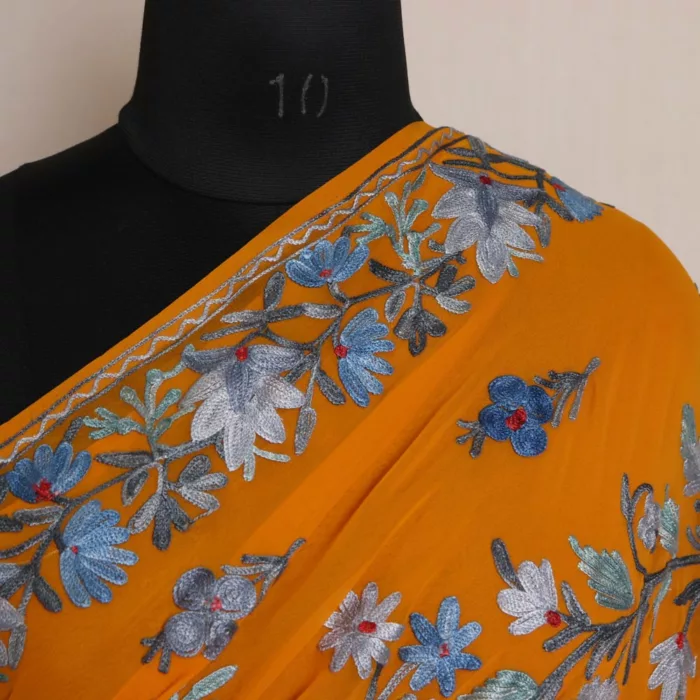 Mustard Floral Kashmiri Saree | Georgette Indian Saree With Aari Kadai - Image 2