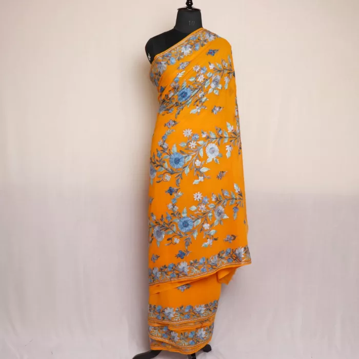 Mustard Floral Kashmiri Saree | Georgette Indian Saree With Aari Kadai