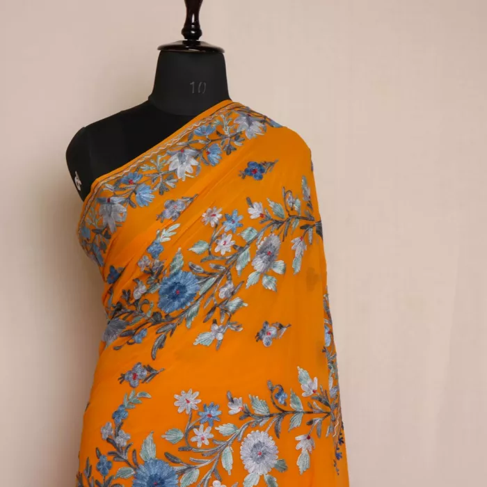 Mustard Floral Kashmiri Saree | Georgette Indian Saree With Aari Kadai - Image 3