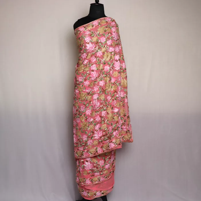 Pink Posh Chinari Georgette Kashmiri Saree With Aari Embroidery