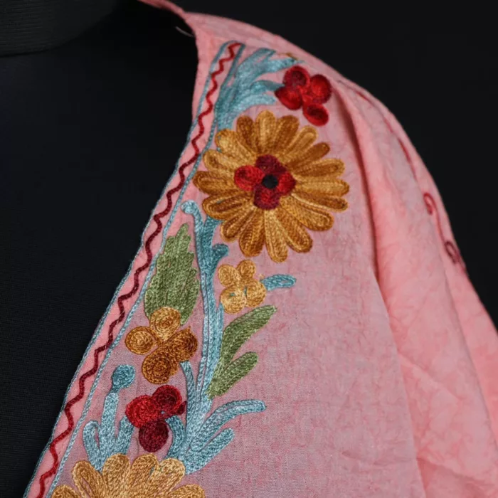 Short Pink Kashmiri Kaftan – Aari Embroidered Crush Cotton - Image 2