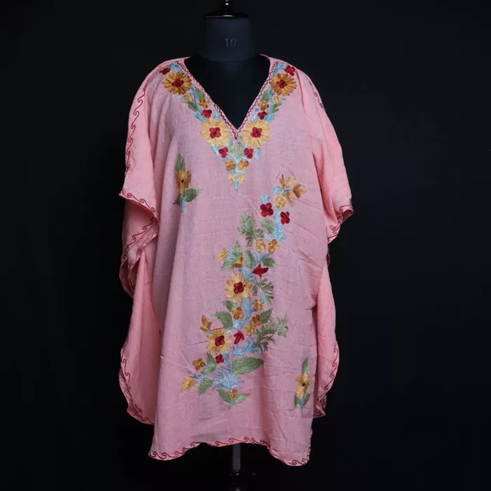 Short Pink Kashmiri Kaftan – Aari Embroidered Crush Cotton