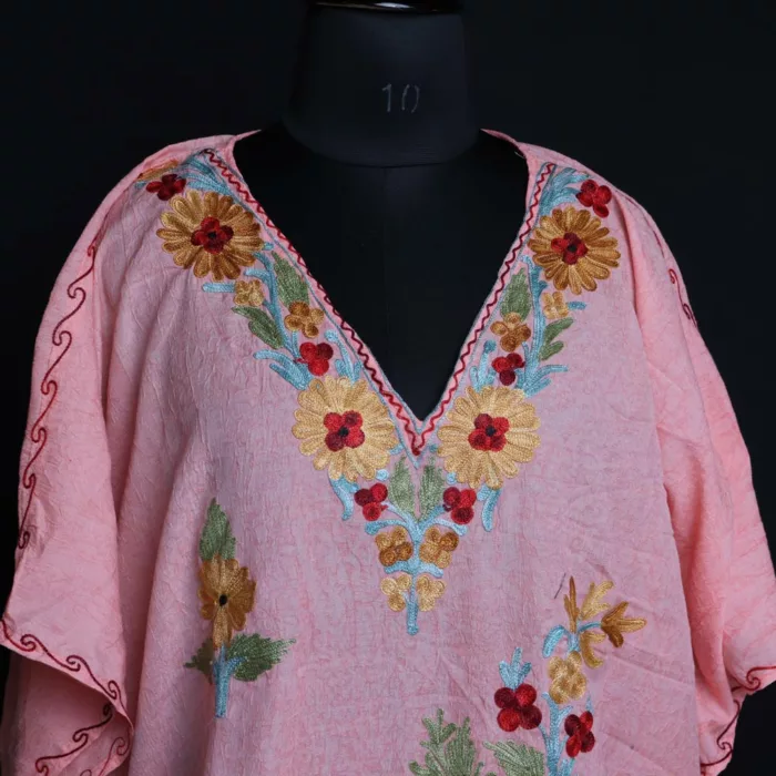 Short Pink Kashmiri Kaftan – Aari Embroidered Crush Cotton - Image 4