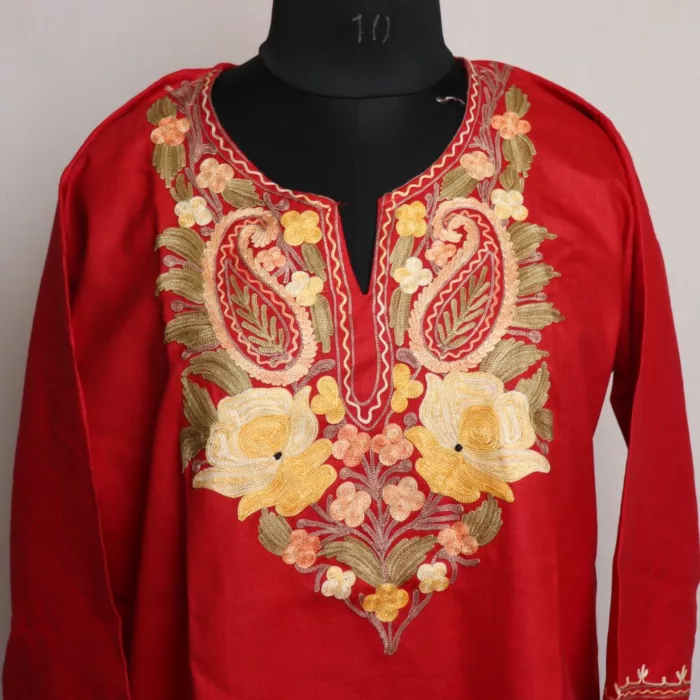 Aabshaar Red Short Kashmiri Cotton Kurti with Aari Embroidery 2 jpg