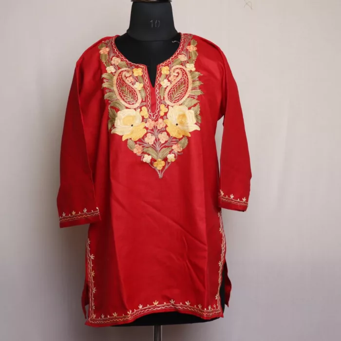 Aabshaar Red Short Kashmiri Cotton Kurti with Aari Embroidery jpg