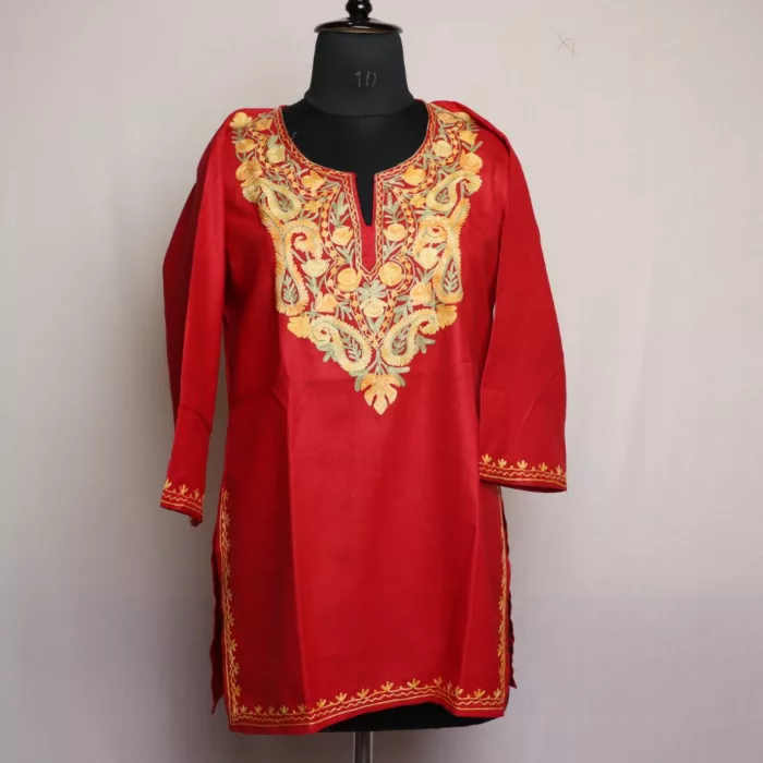 Azmat Red Short Kashmiri Cotton Kurti with Aari Embroidery 1 jpg