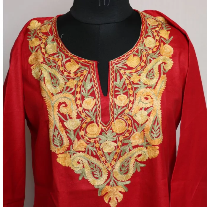 Azmat Red Short Kashmiri Cotton Kurti with Aari Embroidery 2 jpg