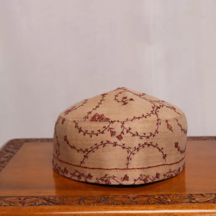 Beige Pashmina Sozni Cap with Maroon Embroidery 1 jpg