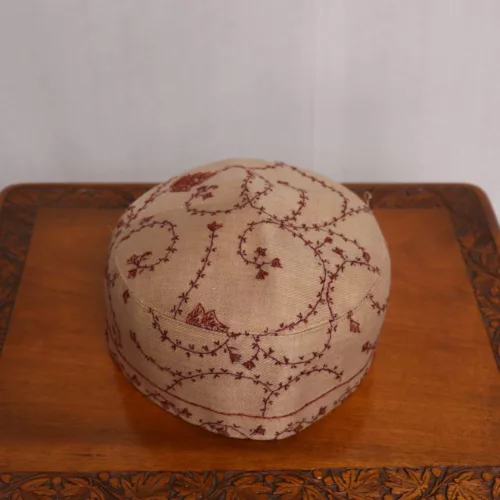 Beige Pashmina Sozni Cap with Maroon Embroidery 3