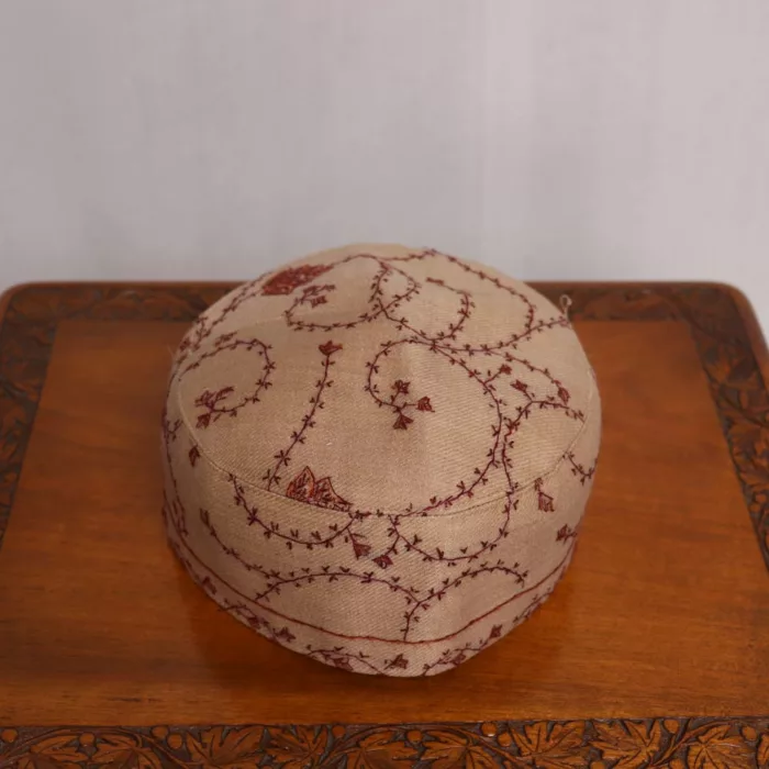 Beige Pashmina Sozni Cap with Maroon Embroidery 3 jpg