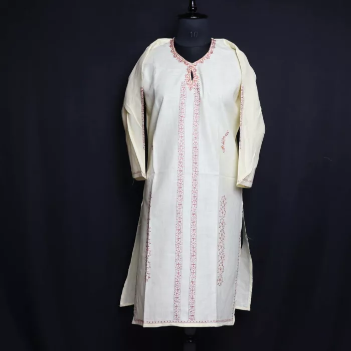 Beige Ruby Cotton Kurta with Kashmiri Sozni Handwork 1 jpg