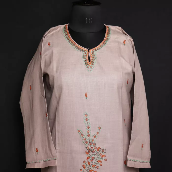 Beige Sonth Cotton Kurta with Kashmiri Sozni Handwork 2 jpg