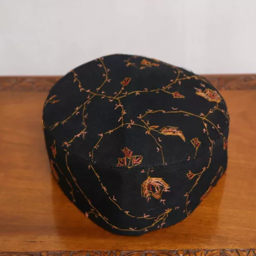 Black Sozni Cap with Red and Yellow Embroidery 3