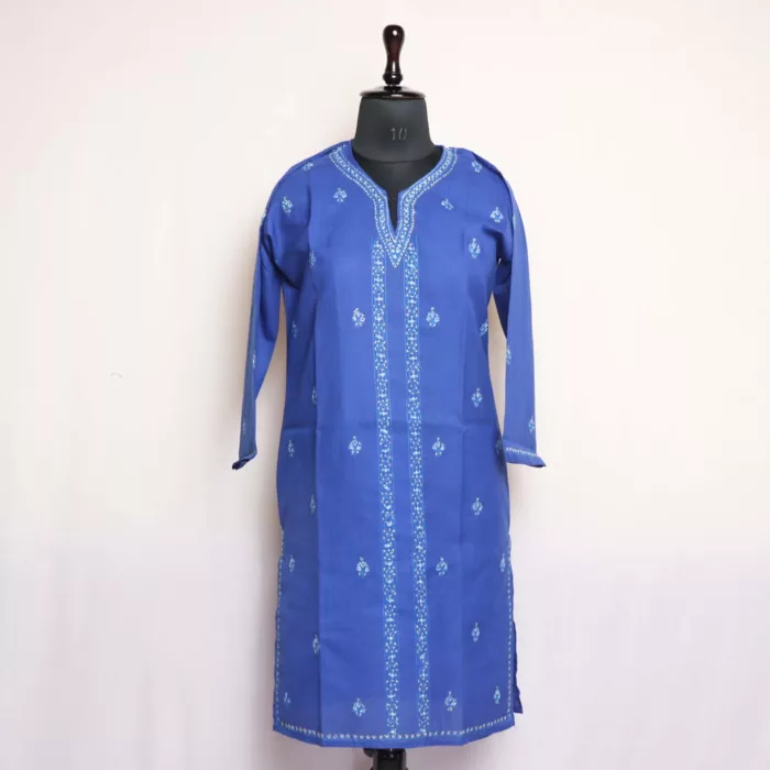 Blue Kashmiri Cotton Kurta with Sozni Handwork 1 jpg