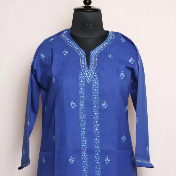 Blue Kashmiri Cotton Kurta with Sozni Handwork 2 jpg