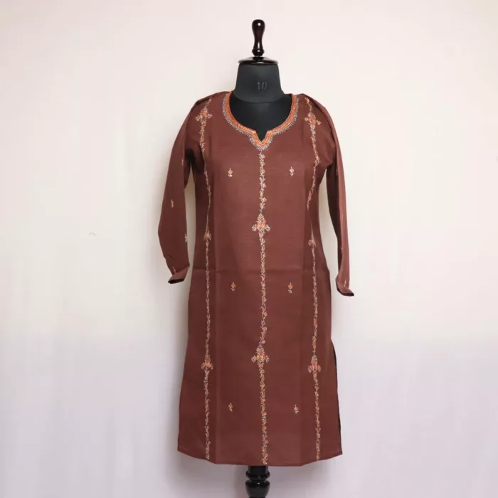 Brown Kashmiri Ruby Cotton Kurta with Sozni Handwork 1 jpg