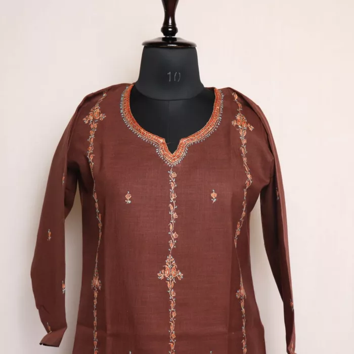 Brown Kashmiri Ruby Cotton Kurta with Sozni Handwork 2 jpg