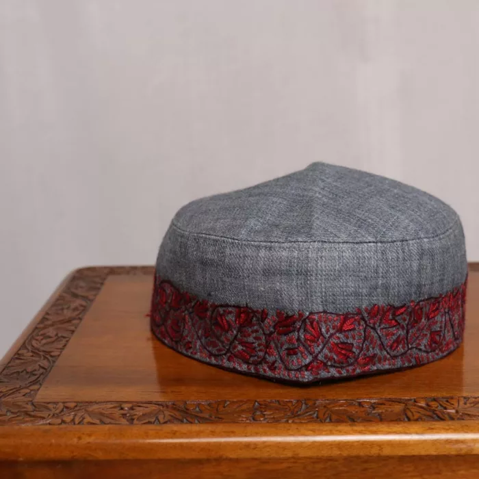 Charcoal Gray Pashmina Sozni Cap with Red Embroidery 1 jpg