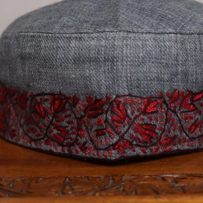 Charcoal Gray Pashmina Sozni Cap with Red Embroidery 2 jpg