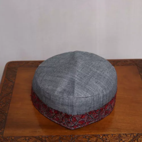 Charcoal Gray Pashmina Sozni Cap with Red Embroidery 3