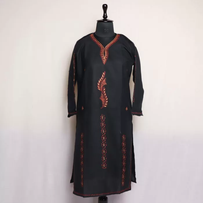 Classic Black Cotton Kurta with Kashmiri Sozni Handwork 1 jpg