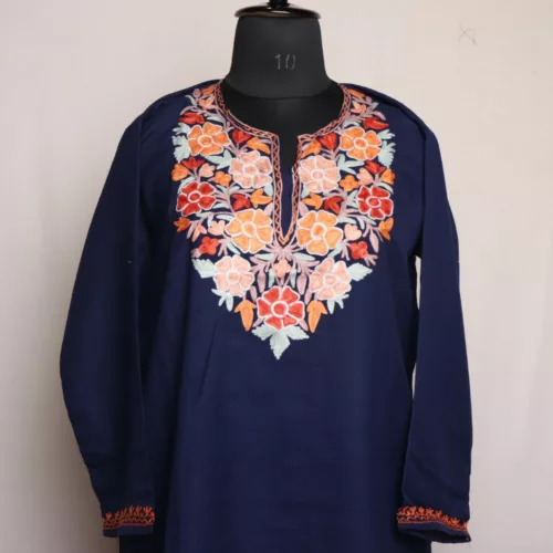 Dark Blue Summer Cool Cotton Kurta with Aari Embroidery 2