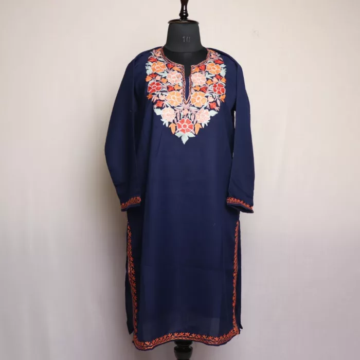 Dark Blue Summer Cool Cotton Kurta with Aari Embroidery jpg