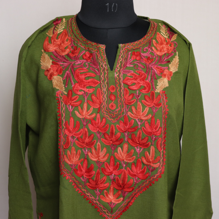 Gaash Green Short Kashmiri Cotton Kurti with Aari Embroidery 2