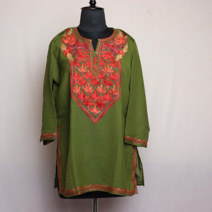 Gaash Green Short Kashmiri Cotton Kurti with Aari Embroidery