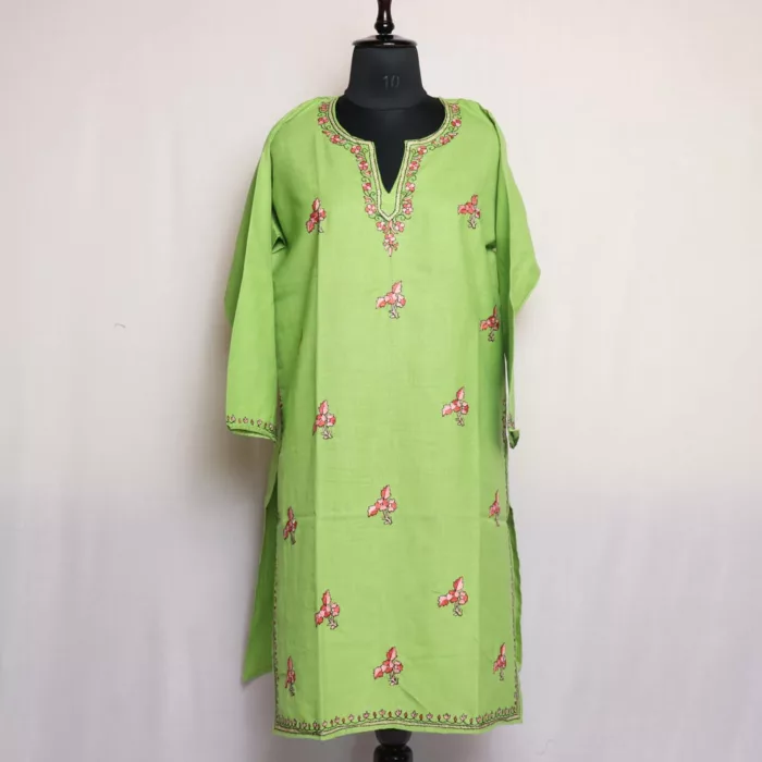 Green Summer Cotton Kurta with Kashmiri Sozni Handwork 1 jpg