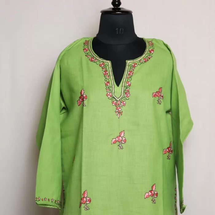 Green Summer Cotton Kurta with Kashmiri Sozni Handwork 2 jpg