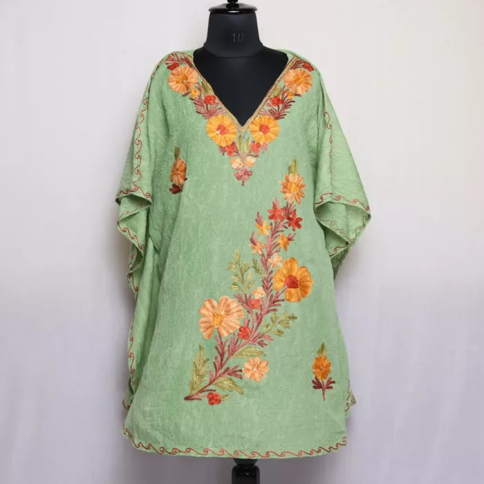 Green Short Kashmiri Kaftan – Aari Embroidered Crush Cotton