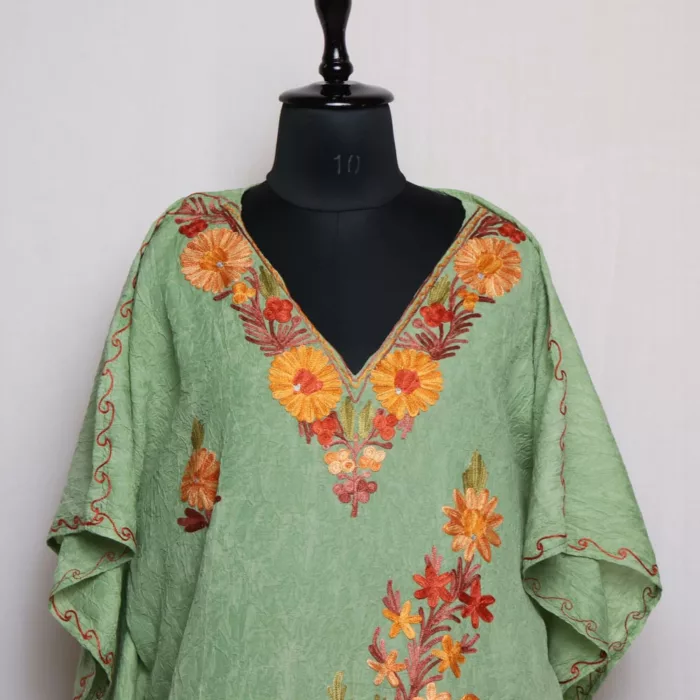 Green Short Kashmiri Kaftan – Aari Embroidered Crush Cotton - Image 2