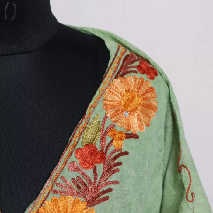 Green Short Kashmiri Kaftan – Aari Embroidered Crush Cotton - Image 3