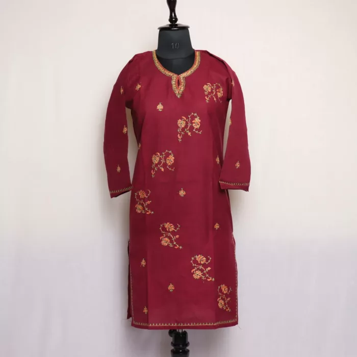 Maroon Kashmiri Sozni Handwork Cotton Kurta