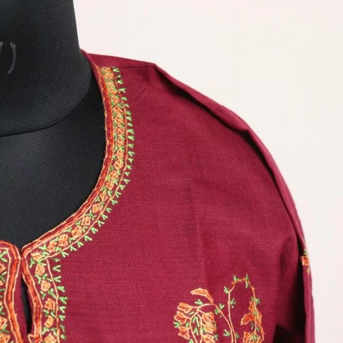 Maroon Kashmiri Sozni Handwork Cotton Kurta - Image 3