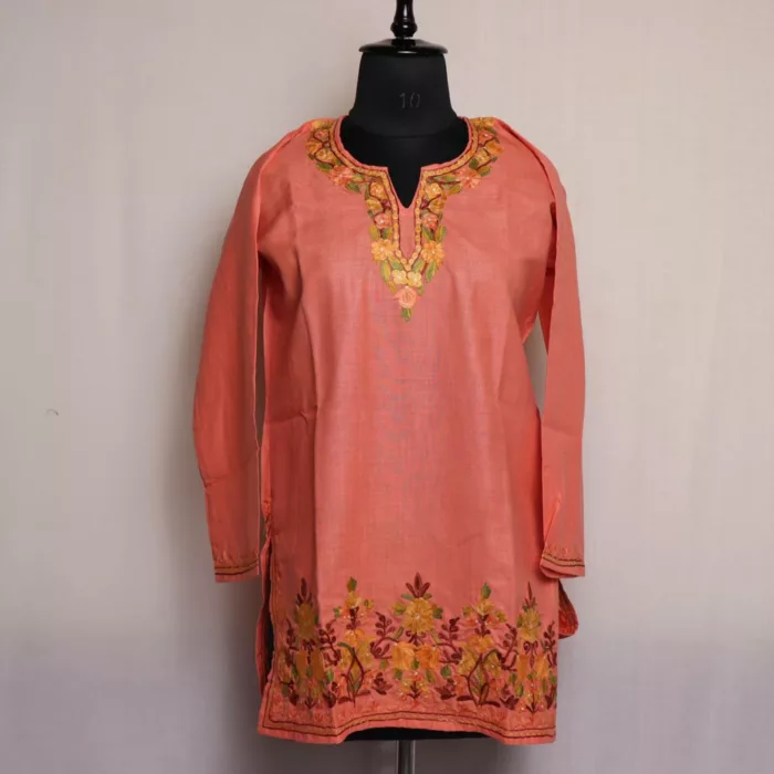 Peach Short Ruby Cotton Kurta with Aari Embroidery