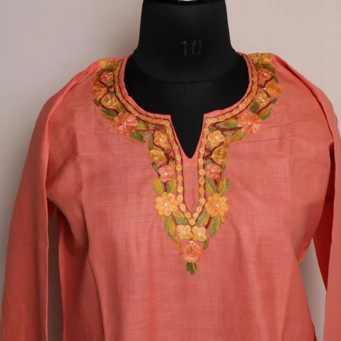 Peach Short Ruby Cotton Kurta with Aari Embroidery - Image 2