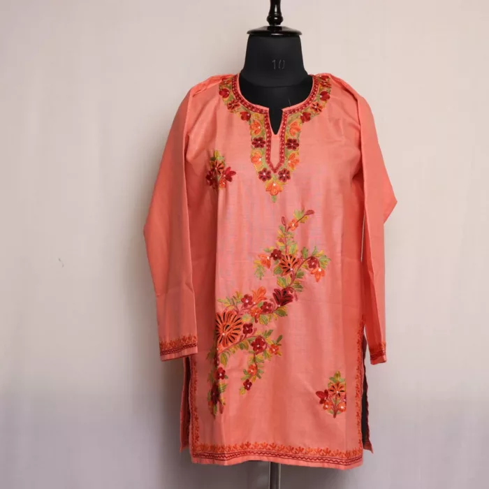 Kashmiri Kurti -Peach Short Ruby Cotton with Aari Embroidery