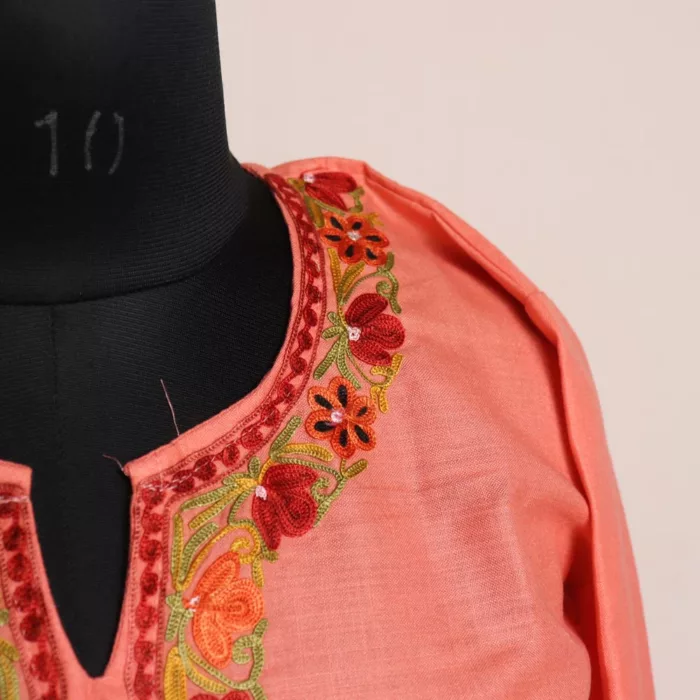 Kashmiri Kurti -Peach Short Ruby Cotton with Aari Embroidery - Image 3