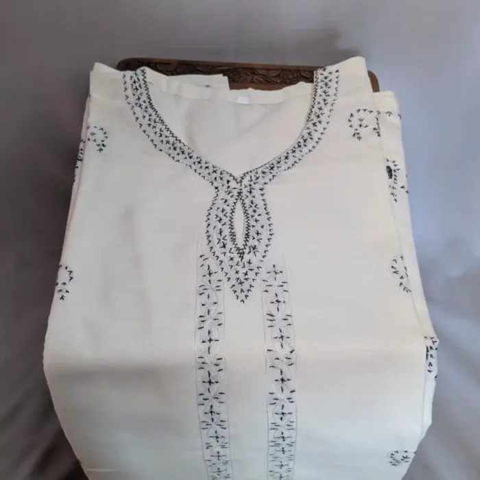 White Kashmiri Sozni Handwork Cotton Kurta