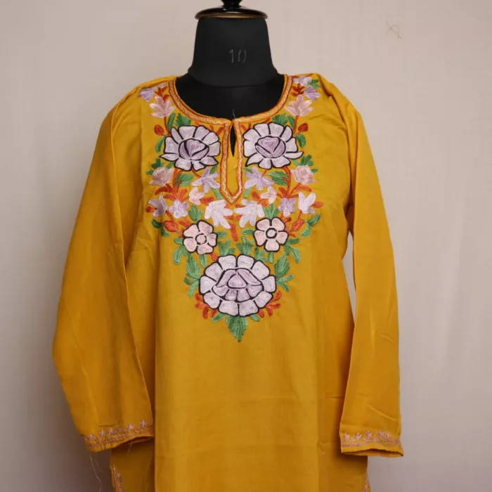 Kashmiri yellow Summer Cool Cotton Kurta with Aari Embroidery 1 jpg